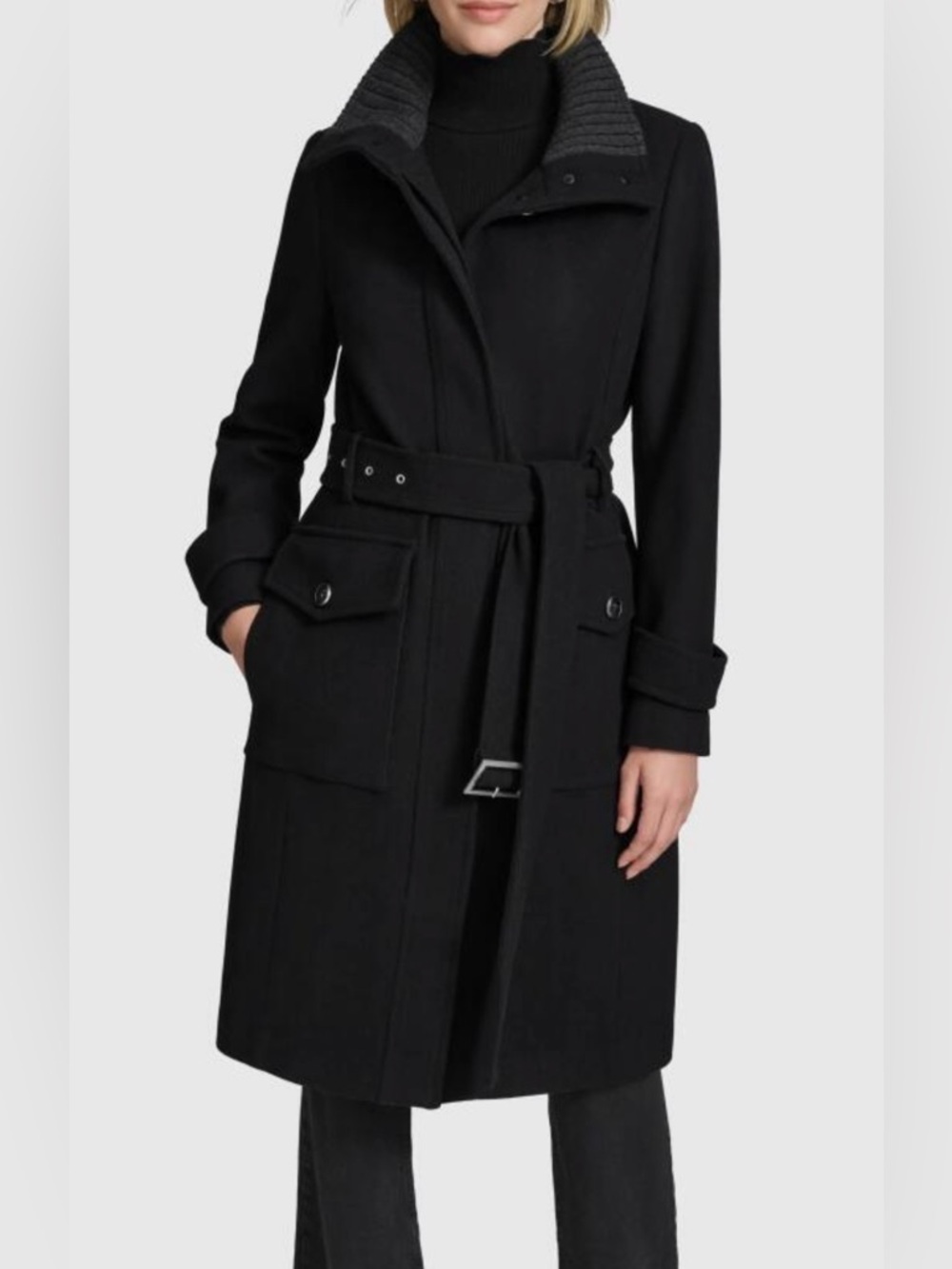 Andrew Marc Wool Blend Black Belted Trench Coat - Women's